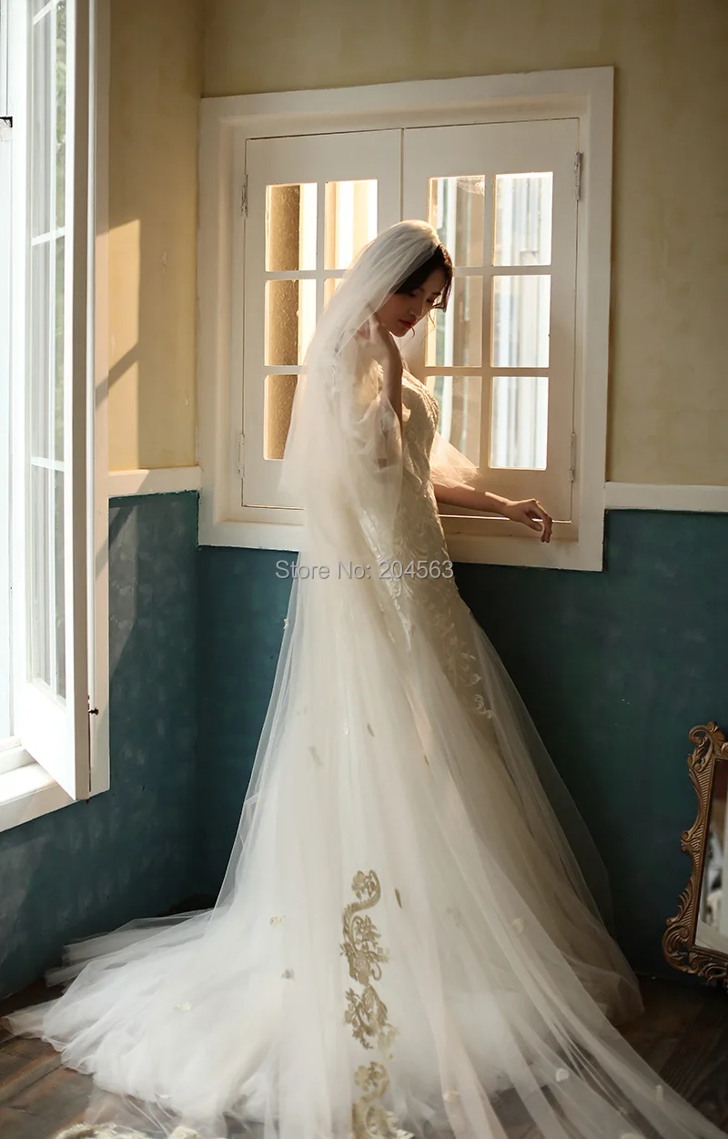 New Arrive Romantic Two Layer Wedding Veil Stunning Long Champagne Embroidery Bridal Veils with Comb AX2020 | Свадьбы и торжества
