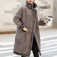 women plaid faux leather fur parka long coat jacket women lamb fur warm female vintage overcoat outerwear jacket
