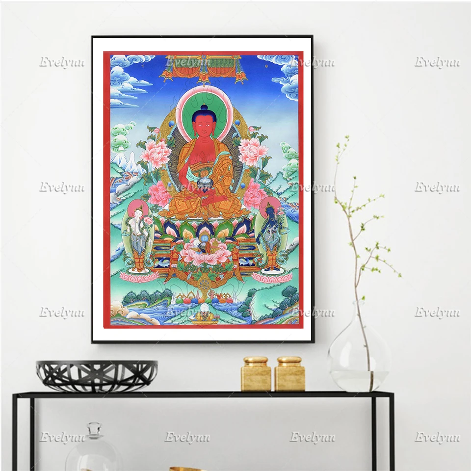 

Amitabha Thangka Buddha, lotus position, Nepal, vintage Buddhist art Posters, Wall Art Prints Home Decor Canvas Floating Frame