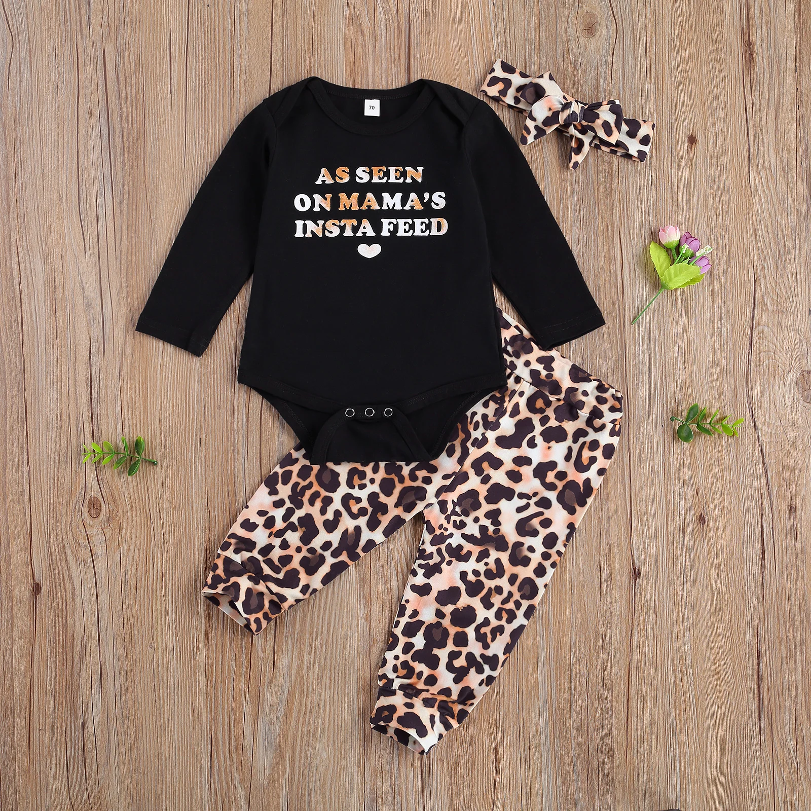 

0-18M Casual Baby Girl Clothes Letter Print Long Sleeve Romper Top+Leopard Pants+Headband 3pcs Set Outfits