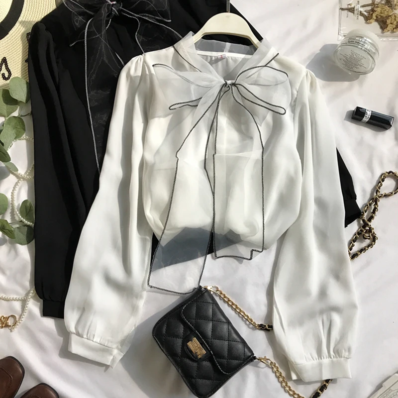 

2021 New Spring Autumn New Elegant Lace Up Bow top Women Lantern Long Sleeve Solid Chiffon Shirt Slim Fit fashion tops