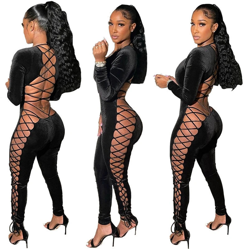 

Black Velvet Lace Up Jumpsuits Autumn Long Sleeve Sexy Backless Side Bandage One Piece Overalls Rompers Nightclub Party Bodycon