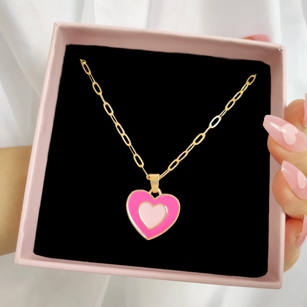 Flatfoosie Trendy Y2K Double Layer Heart Pendant Necklace for Women Colorful Dripping Oil Metal Choker Jewelry | Украшения и