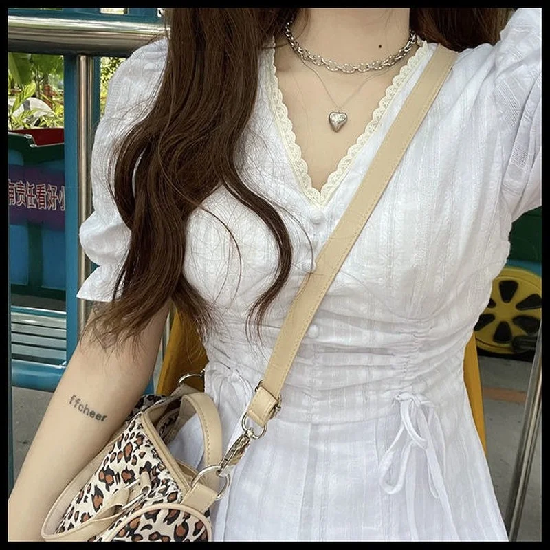 

QWEEK Summer White Dress 2021 Casual Puff Sleeve Kawaii Cute Mini Pleated Dress Party Lace A-line Sundress Robr Femme Vestidos
