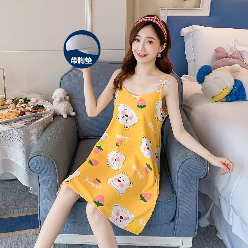 Nightdress Women's Summer Printed Thin Vest with Chest Cushion Sling Sexy Nightgown Sleeveless Housewear Sleepwear Knee-Length