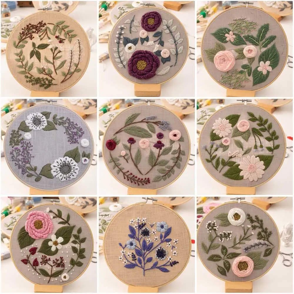 

DIY Stamped Embroidery Starter Kit Flowers Plants Pattern Frame Hoop Cross Stitch Punch Needle Embroidery Thread Sewing Craft