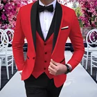 3 шт., красные мужские костюмы с черной шалью и лацканами, праздничный костюм, облегающие костюмы, смокинги, выпускной костюм для свадьбы, выпускного вечера (acket + брюки + жилет)