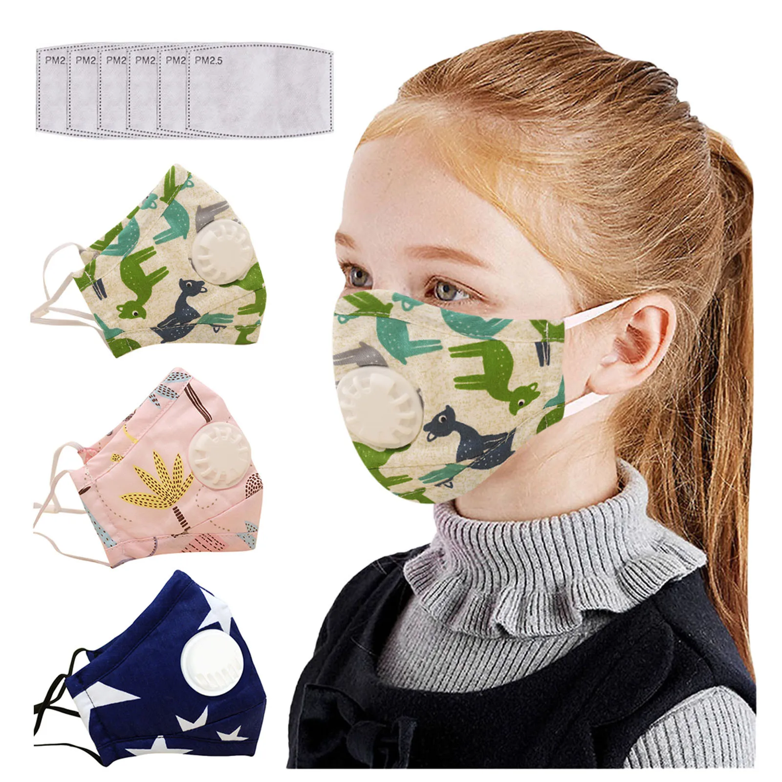 

3PC Children Breathable Cartoon Mask with 6PC Pollution Protection Activated Carbon Filters Cycling Breathing Valves Mascarilla