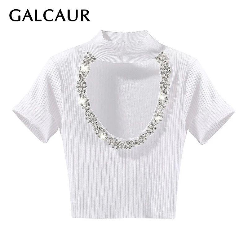 

GALCAUR White Fold Pleated Patchwork Diamond T Shirt For Women Turtleneck Short Sleeve Slim T Shirts Female 2021 Autumn Fashion