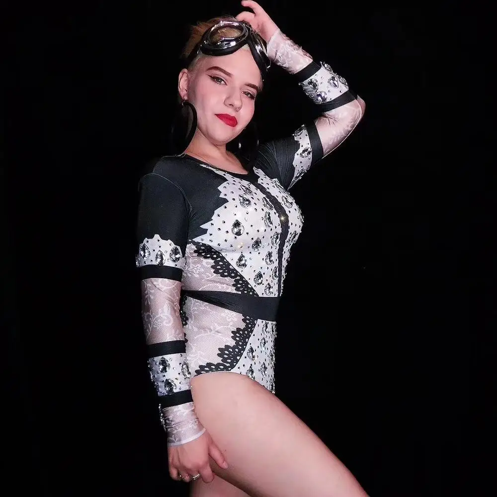Big Rhinestones Long Sleeve Bodysuit Elastic Crystals Bodysuits Bar Nightclub DJ Singer Dancer Tight Costume Leotard Stage Wear