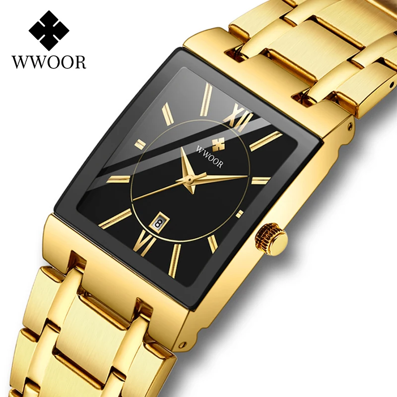 WWOOR Men's Square Watch Top Brand Luxury Golden Watches For Men Stainless Steel Waterproof Quartz Wrist Watch Relogio Masculino