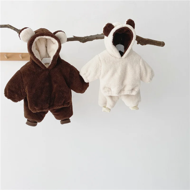 

Infant Plush Velvet Suit Men and Women Treasure Thick Warm Bear Sweater Big Pp Pants Soft Waxy 2-piece Set