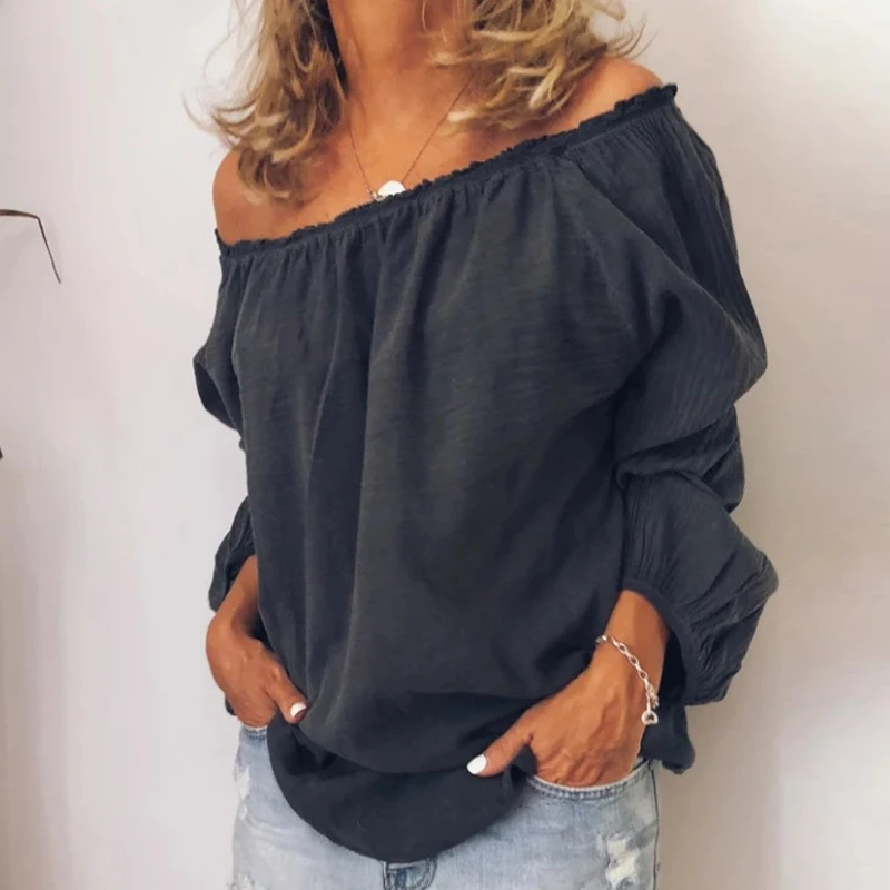 

Women Sexy Off Shoulder Long Sleeve Tshirt Tops Spring Ladies Loose Slash Neck T Shirt Autumn Tops Plus Size 5XL