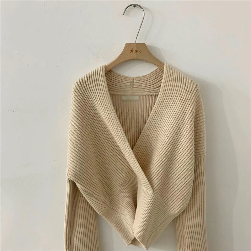 Mozuleva Sexy Fashion V-neck Cross Women Knitted Sweater Winter Loose Warm Female Pullovers Jumpers Knit Tops Short | Женская одежда