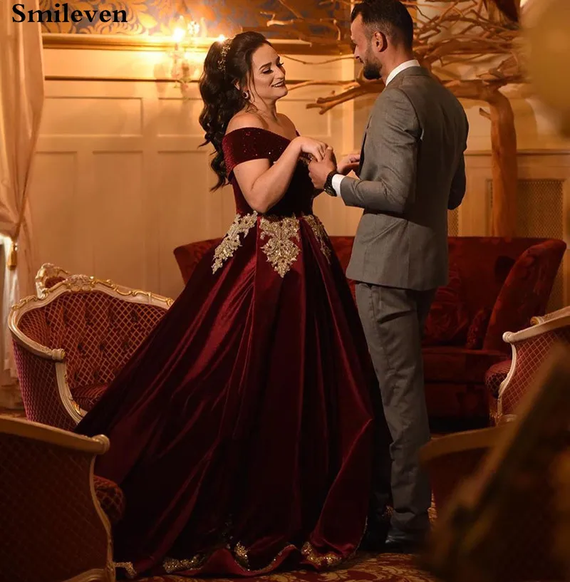 

Smileven Burgundy Caftan Karakou Algerien Formal Evening Dresses Off The Shoulder Velvet Gold Lace Peplum Occasion Evening Gown