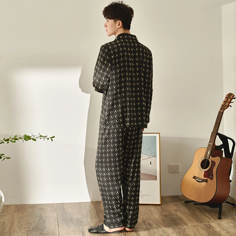 YAO TING Men's Pajamas Spring/Summer Satin Chiffon Long Sleeve Pantsuit Thin Print Home Wear