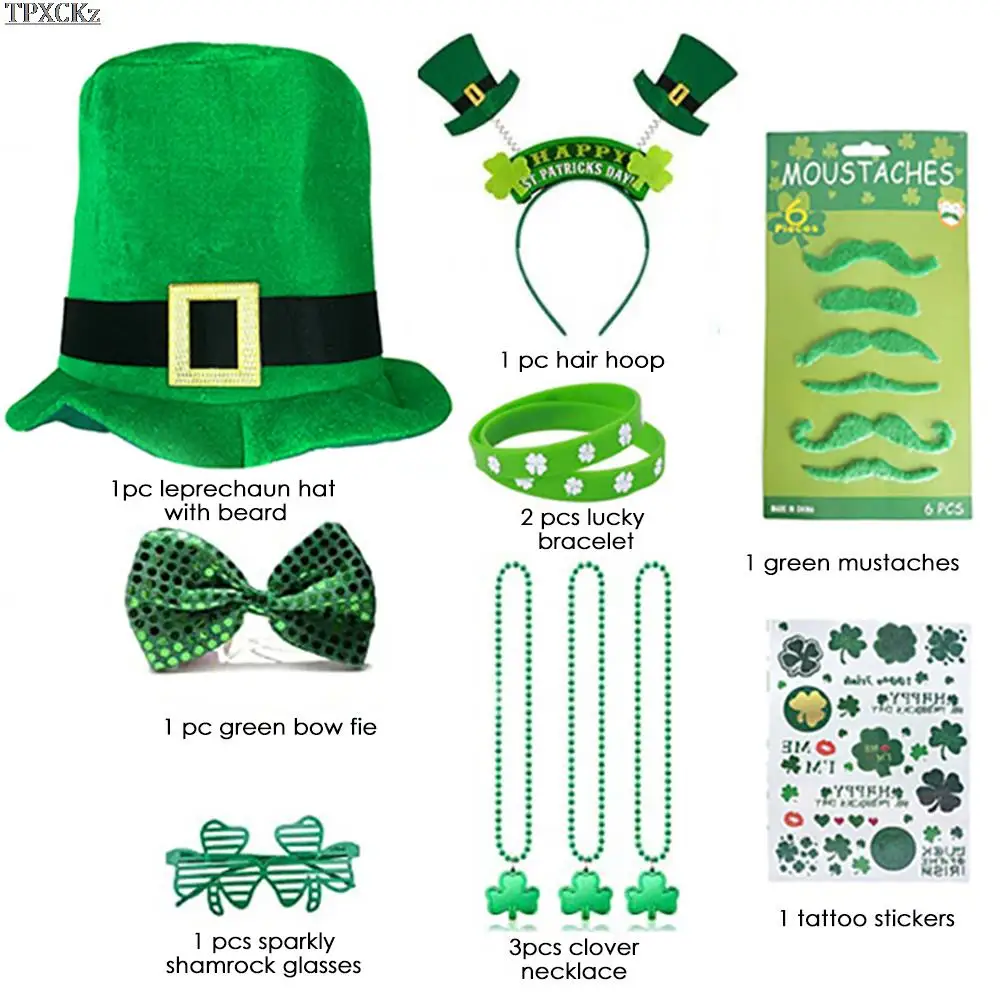 

Hot 11 Pcs Saint St Patricks Day Green Hat Shamrock Hat Lucky Costume Accessories Celebration Carnival Props for Irish Fun Party