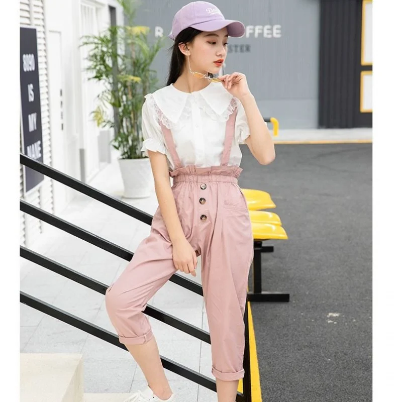 Комплект для девочек весна-лето рубашка блузка + комбинезон одежда подростков