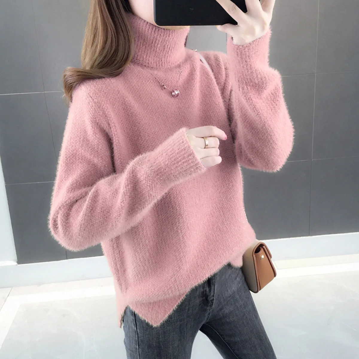 

Winter High-Neck Solid Color Knitted Sweater Women Japanese Fashion Casual Cotton Warm Sweater Tops Loose Long-Sleeved Pullover