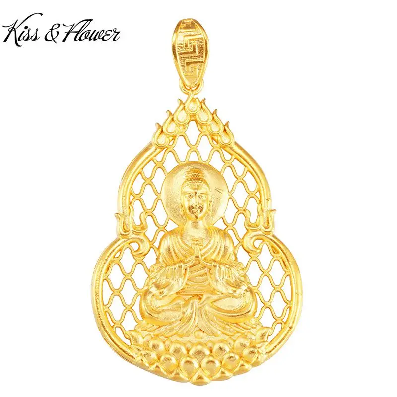 

KISS&FLOWER PD97 Fine Jewelry Wholesale Fashion Man Boys Birthday Wedding Gift Hollow GUANYIN 24KT Gold Pendant Charm NO CHAIN