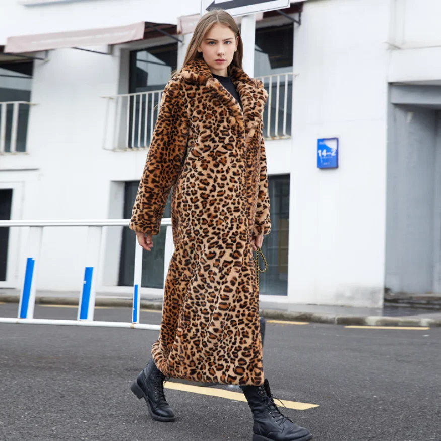 

2022 High Street Leopard Print Long Faux Fur Coat Fuzzy Jacket for Women Winter Faux Rabbit Fur Plush Coats and Jackets