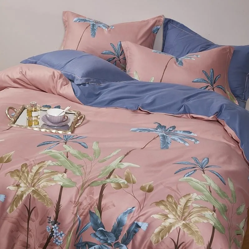 للبيع طقم غطاء لحاف كوين 100% قطن ، طقم سرير ناعم ، أصفر ، وردي ، أوراق النخيل الاستوائية ، غطاء لحاف ، ملاءة سرير ، أكياس وسائد