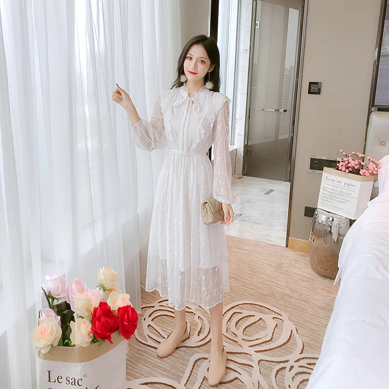

Autumn Winter White Lace Korean Sexy Club Mesh Pleated Dress 2021 Vintage Solid Pink Dress Elegant Women Runway Bodycon Vestidos