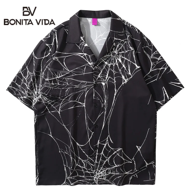 

Bonita Vida Hawaiian Shirts Graffiti Cobweb Short Sleeve Beach Shirt Streetwear Hip Hop Summer Tropical Aloha Button Tops