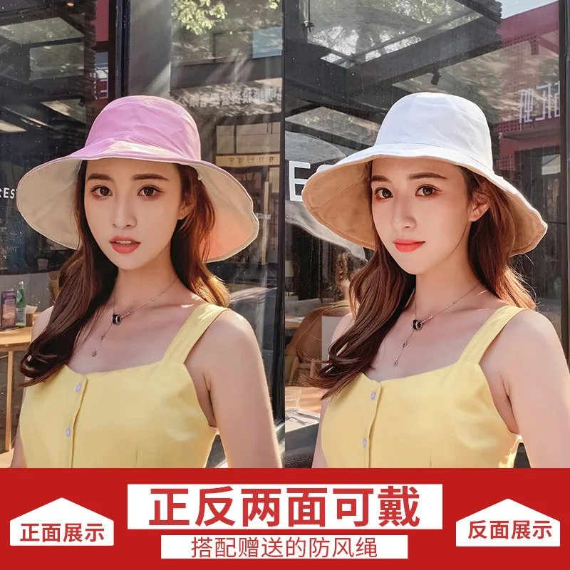 

New Double-face Women Cotton Bucket Hat Sun Hat With Bow Wide Large Brim Cap Summer Beach Foldable Neck Anti-Ultraviolet Hat