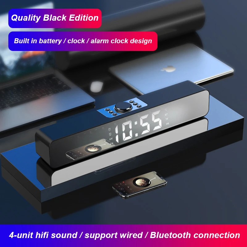 

LED TV Sound Bar Alarm Clock Wired Wireless Speaker Mirror Bluetooth-compatible Digital Alarm Clock FM Radio PC Computer