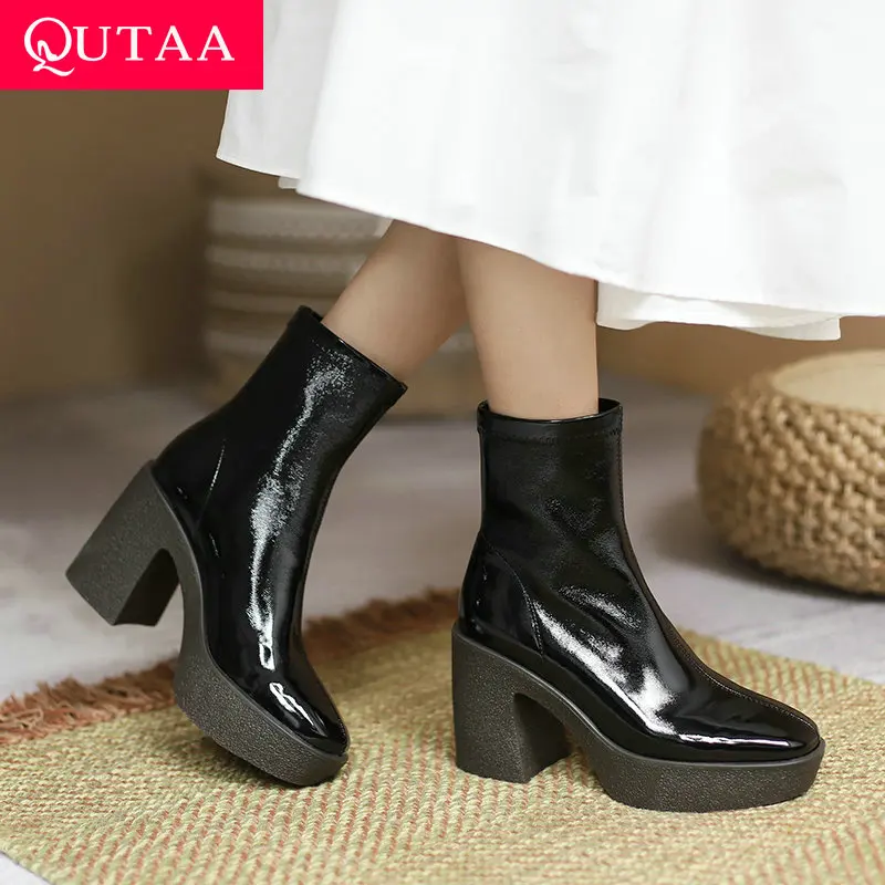 

QUTAA 2022 Patent Leather Ankle Boots Square High Heel Women Slip On Shoes Autumn Winter Keep Warm Short Boots Big Size 34-43