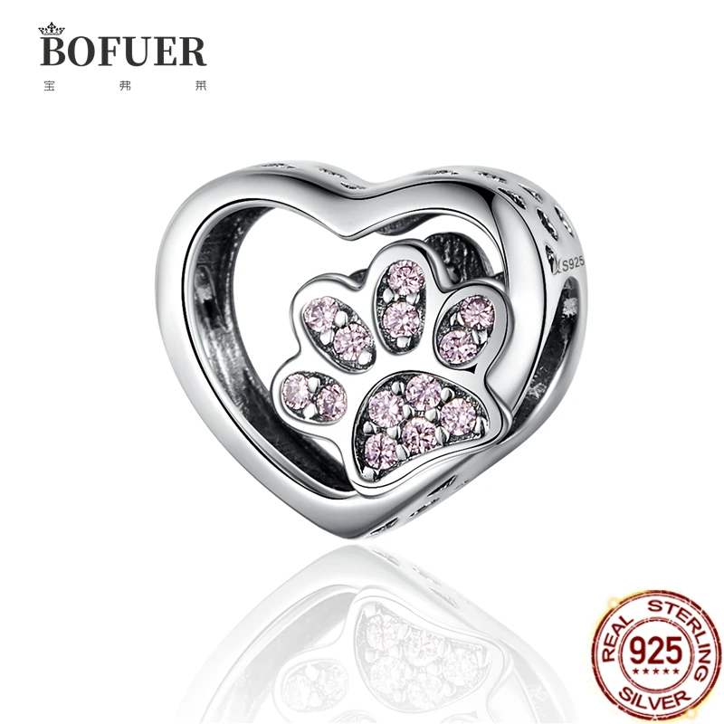 

BOFUER NEW STYLE Silver 925 Heart Shape Pink Claws DIY Bead Charms Fit Original Pandora Charm Bracelet For Women Jewelry