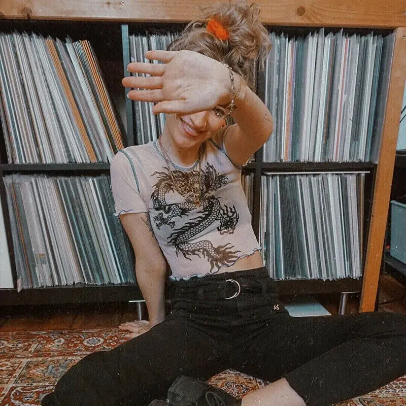 Модный женский тонкий топ с принтом дракона повседневный прозрачный рубашка |