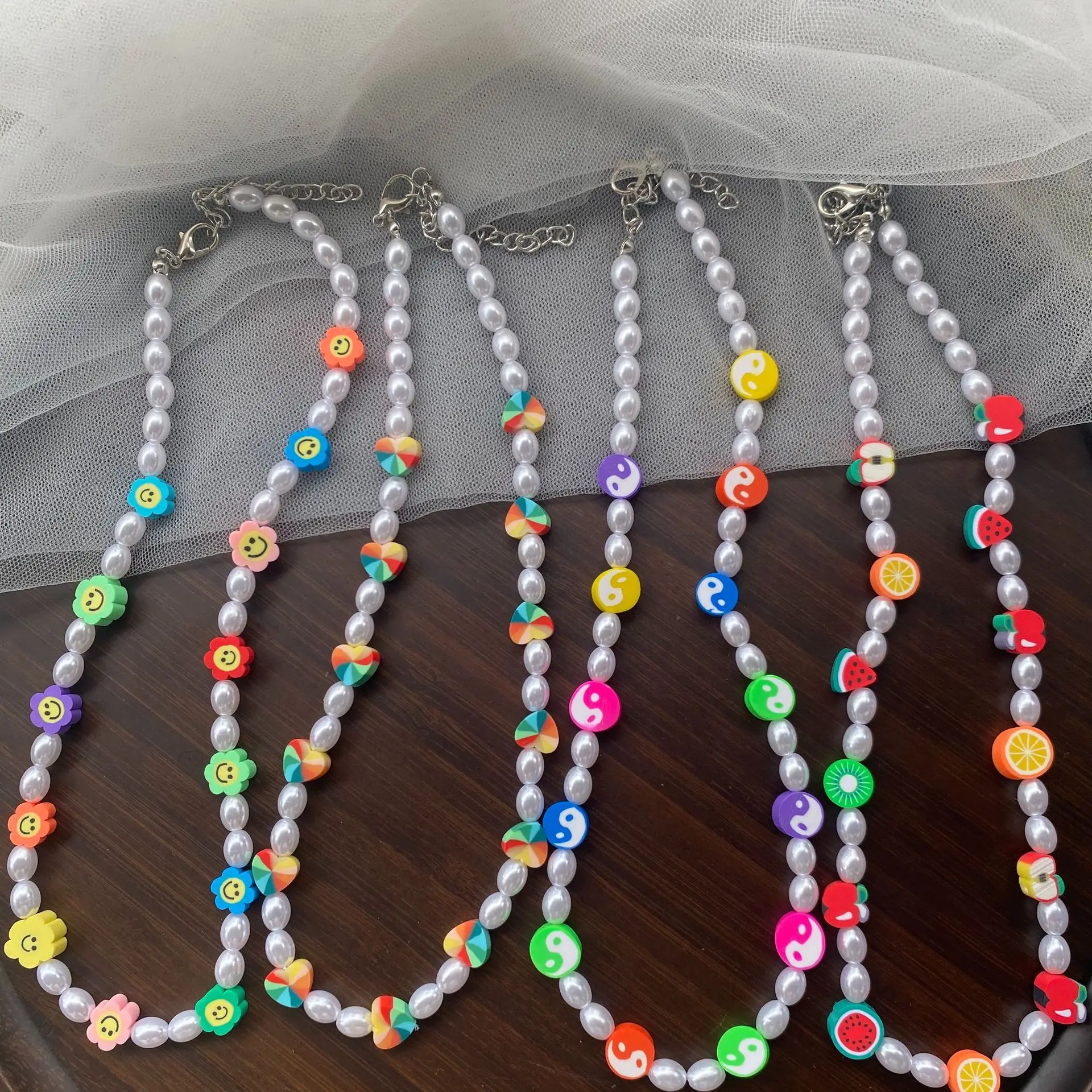 

New Vintage Pearl Bead Necklace Cute Yin Yang Gossip Flower Smiley Necklaces Choker For Women Girl Fashion Aesthetic Jewelry