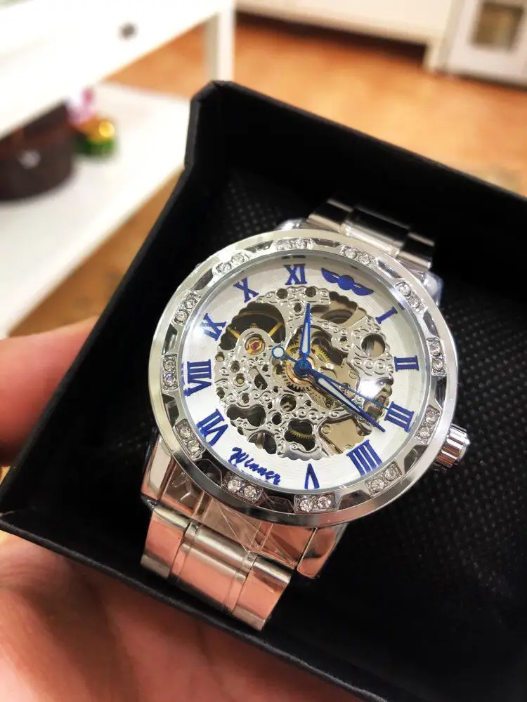 Часы Winner Skeleton Dial модные часы с бриллиантами белые серебристые спортивные из