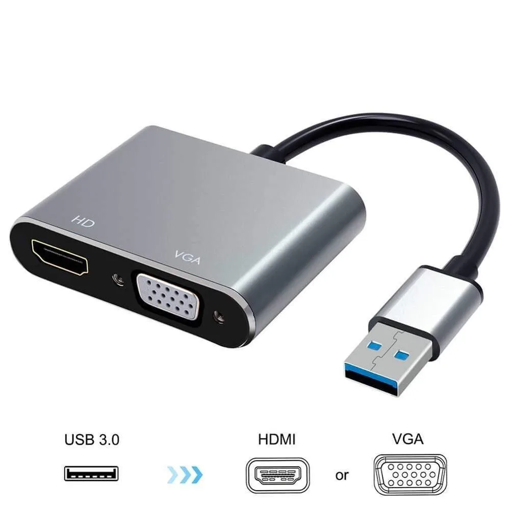 1080P USB 3.0 to HDMI-compatible VGA 2in1 Adapter 2K HD Multi-Display USB to HDMI-compatible Converter for Windows 7/8/10 Mac OS