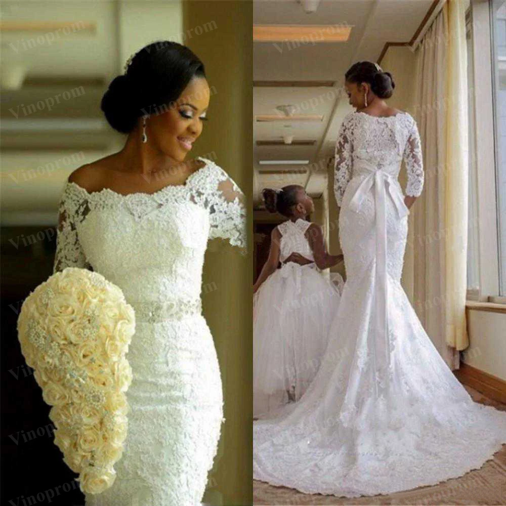 

New Vestido De Noiva Lace African Mermaid Wedding Dress 2020 Customized Plus Size Pearls Bride Bridal Gown