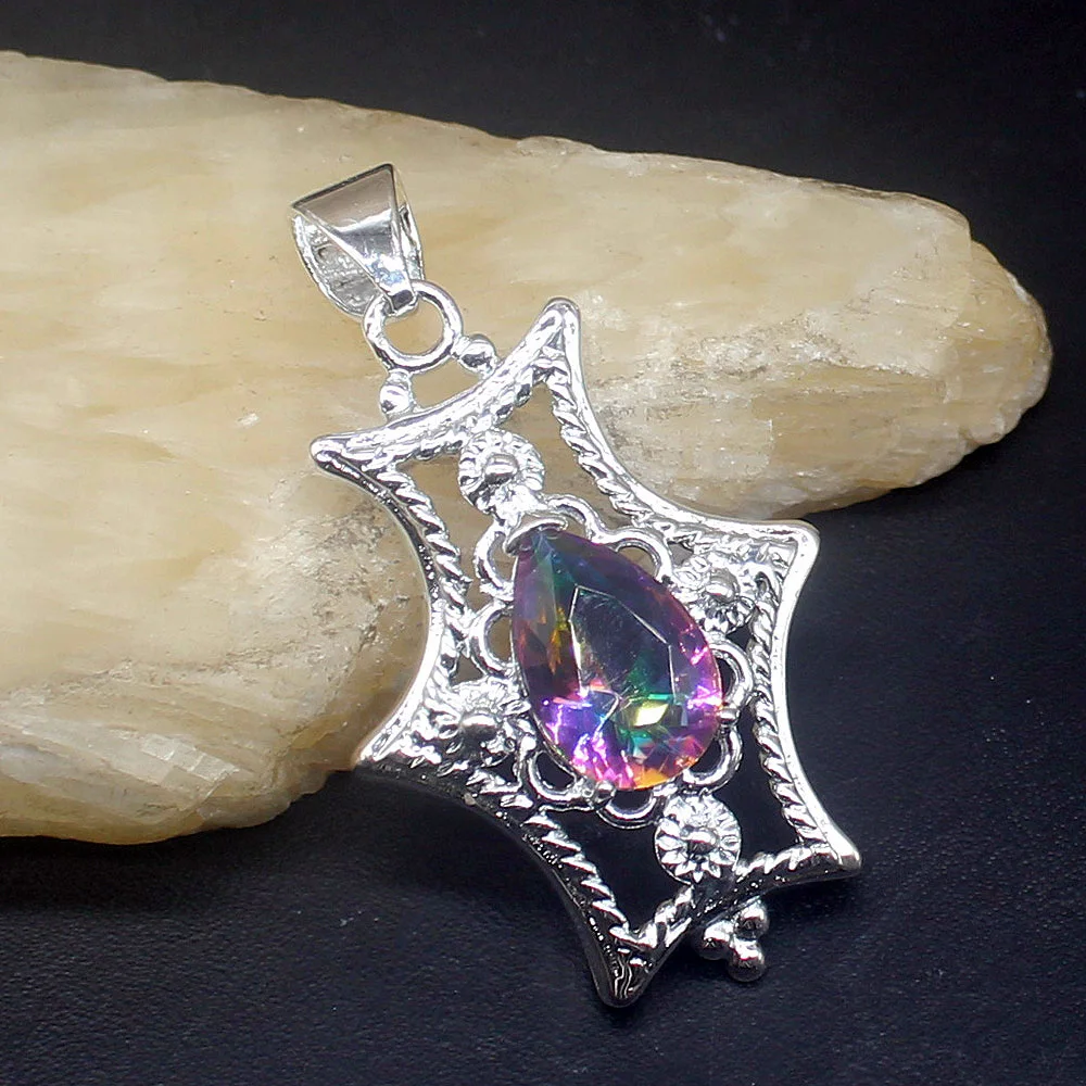

Fashion Jewelry Unique Genuine 925 Silver Teardrop Mystical Fire Topaz New Pendant Necklace Gifts for Women Girls 20213966