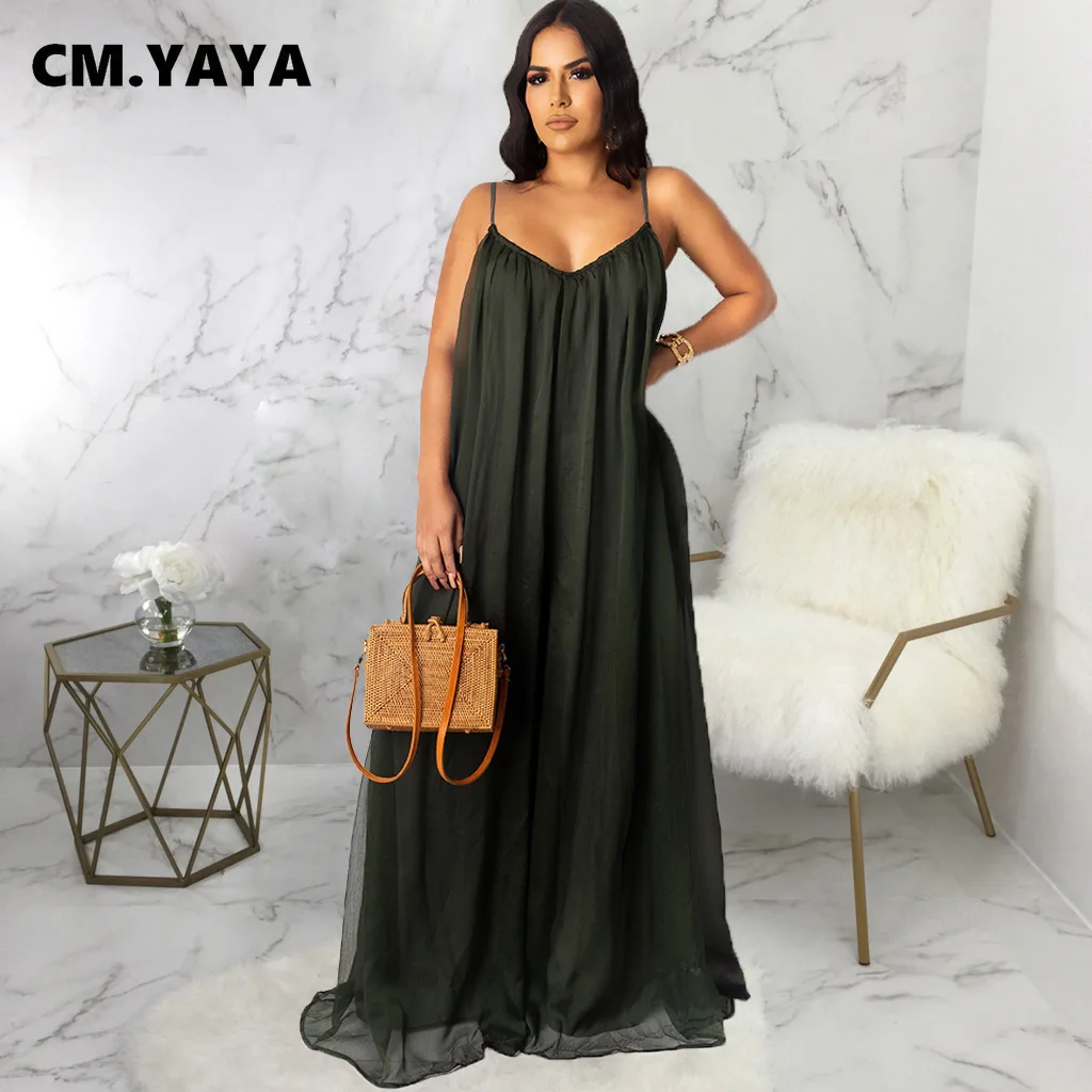 

Женское длинное шифоновое платье CM.YAYA, свободное однотонное платье на бретельках с карманами, модные Макси-платья, Повседневная пляжная оде...