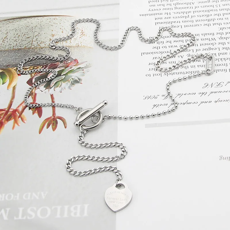 

Three Different Chain Hang Heart Shaped Pendant Toggle Necklace For Women Stainless Steel Brand Jewelry Valentine's Day Gift