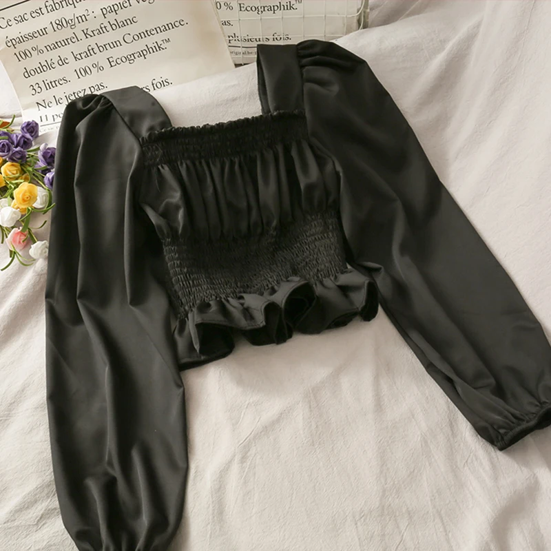 

Square Collar Cropped Shirts Women Elastic Waist Puff Sleeve Sexy Pleated Tops Slim Fit Spring Blouse 5 Colors Elegant 2021 Z097
