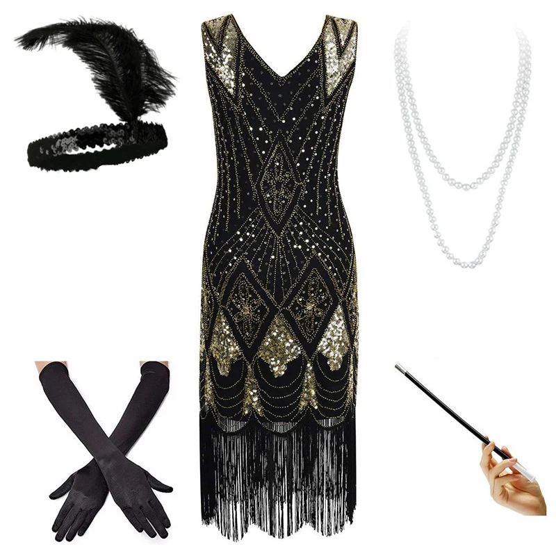 Gold Set A(NEW) 1920s Flapper платье Great Gatsby вечерние платья с блестками и бахромой - Цвет: Gold Set A(NEW)