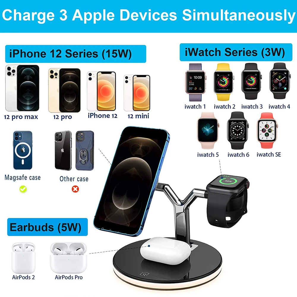 

3 in 1 Magnetic Wireless Charger Stand For Magsafe iPhone 12 Mini Pro Max/Apple Watch Fast Charging Station Dock For Airpods Pro