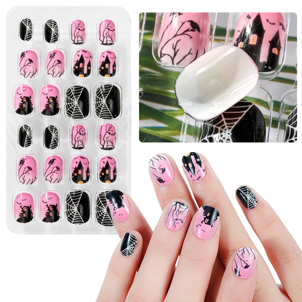 24Pcs/Lot Children Halloween False Nail Tips Fire Full Cover Kid Glue Self Fake Art for Girls DIY Manicure Nails Decor | Красота и
