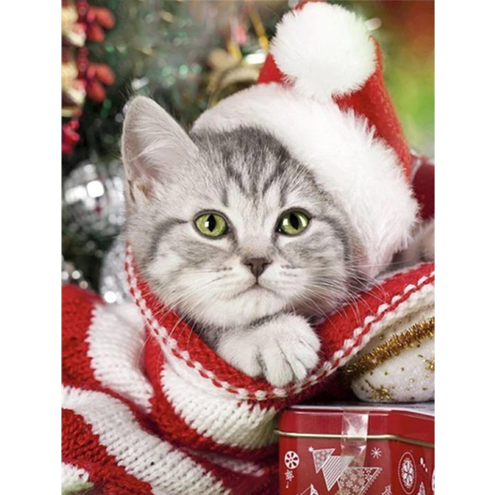 

5D DIY Diamond Painting Cat Full Drill Square Diamond Embroidery Winter Decor Home Picture Of Rhinestone Christmas Gift