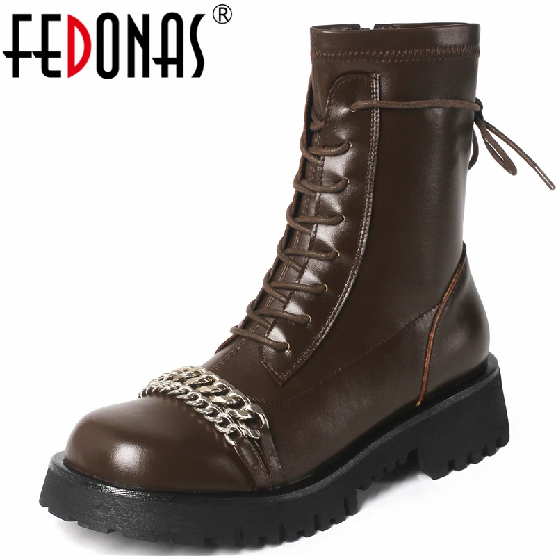 Женские ботинки в байкерском стиле FEDONAS Черные ботильоны из натуральной кожи с