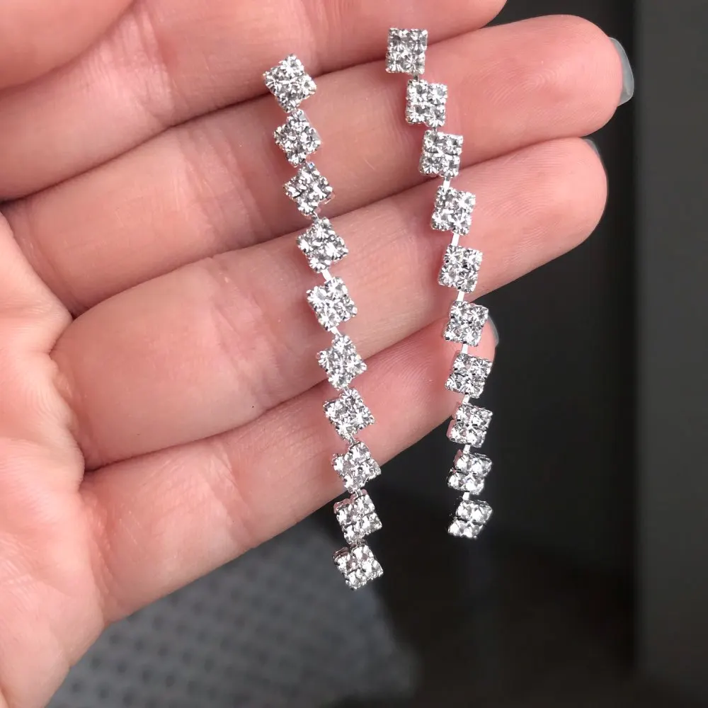 silver plated TREAZY квадратные Свадебные Длинные серьги с бриллиантами серебристого цвета, висячие серьги со стразами для женщин, свадебные аксессуары - Окраска металла: silver plated