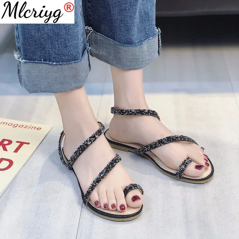 

New Summer Sandals 2021 Women Flat Bling Thong Woman Flip Flops Slip on Female Beach Shoes Ladies Fashion Sandalias Size:35-39