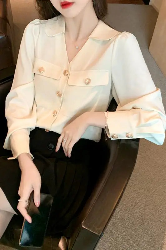 

Spring Women Vintage Solid Turn-down Collar Office Lady Blusas Elegante French Temperament Double Button Chiffon Blouse