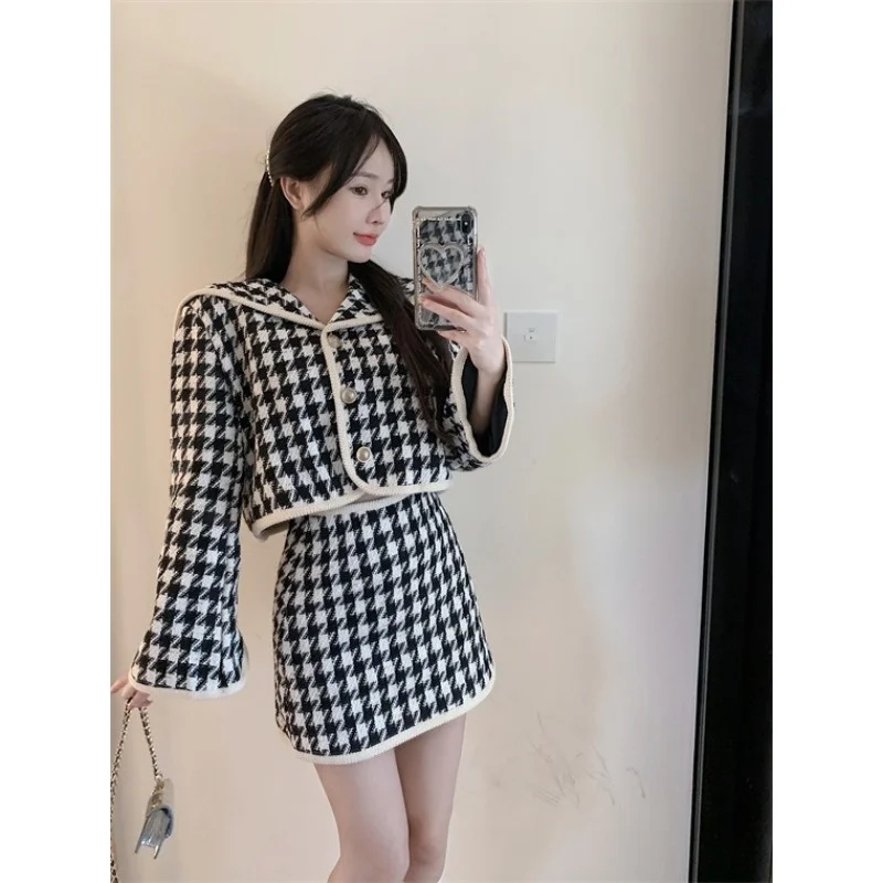 

Женское короткое пальто на пуговицах, свободное клетчатое пальто с длинным рукавом и матросским воротником, Осень-зима 2021